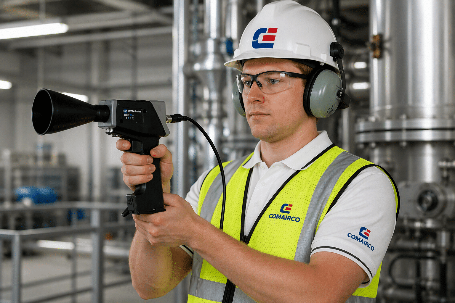 COMAIRCO technician wearing a hard hat, safety glasses, hearing protection, and a high-visibility safety vest using an ultrasonic leak detector in an industrial compressed air system.