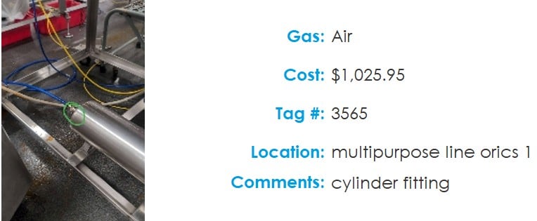 Compressed air leak audit report showing an identified air leak on industrial piping with estimated annual energy cost, tag number, location, and repair notes.